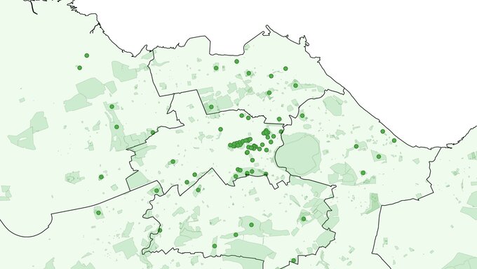 A line drawn map with green areas and circles. Common Good Register courtesy of Edinburgh City Council.