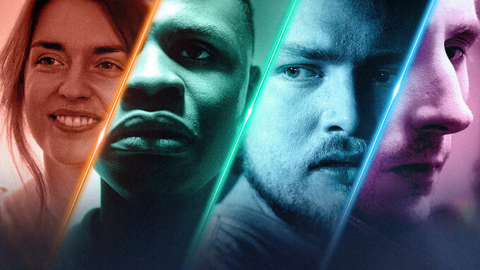 Four characters looking straight in the camera. Image separated by colours