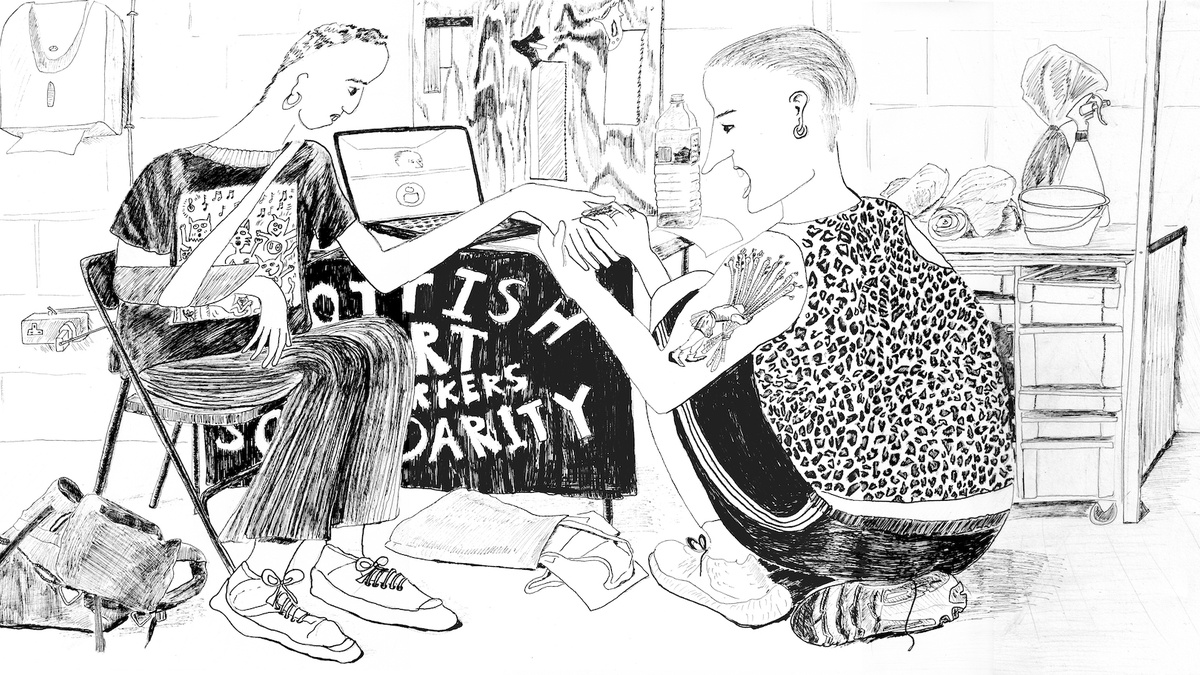 A black and white drawing of 2 genderqueer people in an artist space. The drawing is textural and littered with objects.