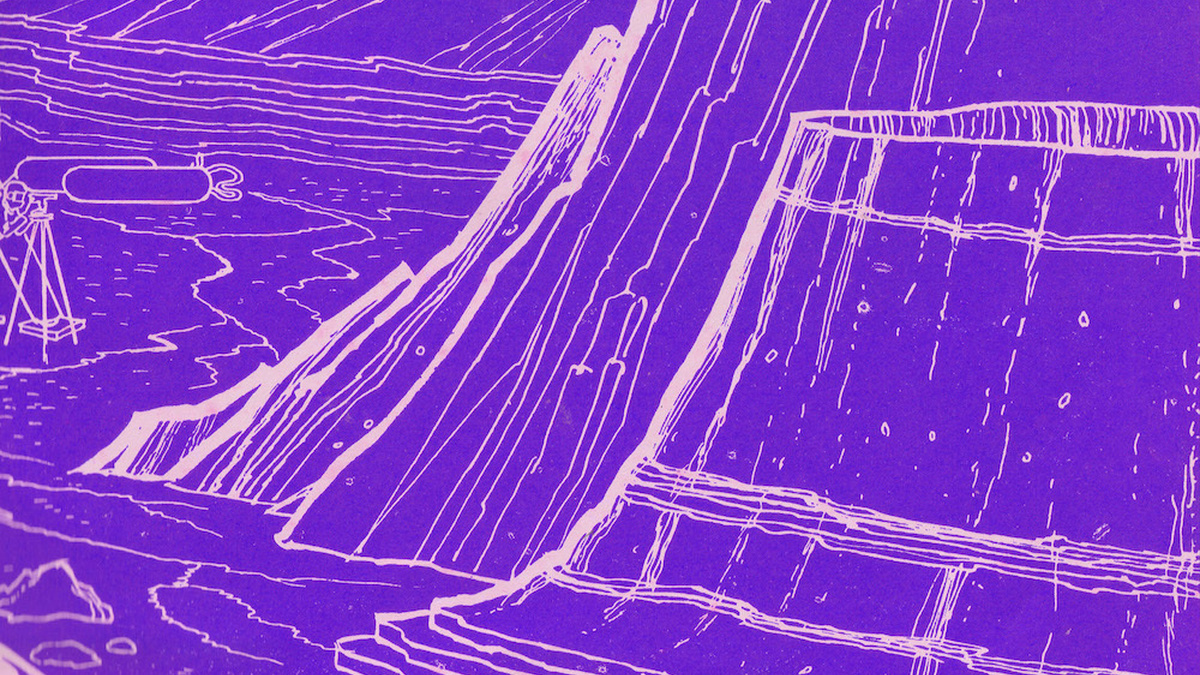 A purple image featuring a line drawing of a mountainous landscape.