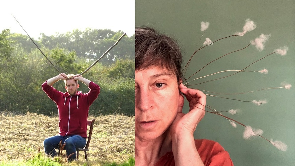 Two images: Left a man in a field holds sticks like antlers. Right a woman’s face with cotton ended sticks from her ear