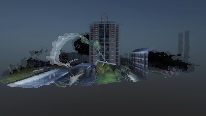 Digital glitching image of a simulated model of a London council estate.