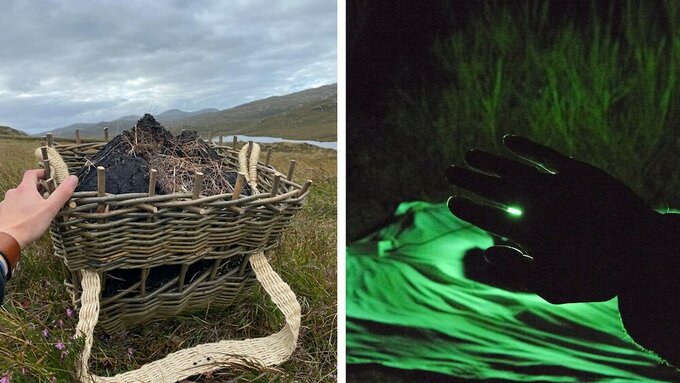 Two images. A hand reaches out for a wicker basket full of soil. Right a silhouette of a gloved hand lit by green light.