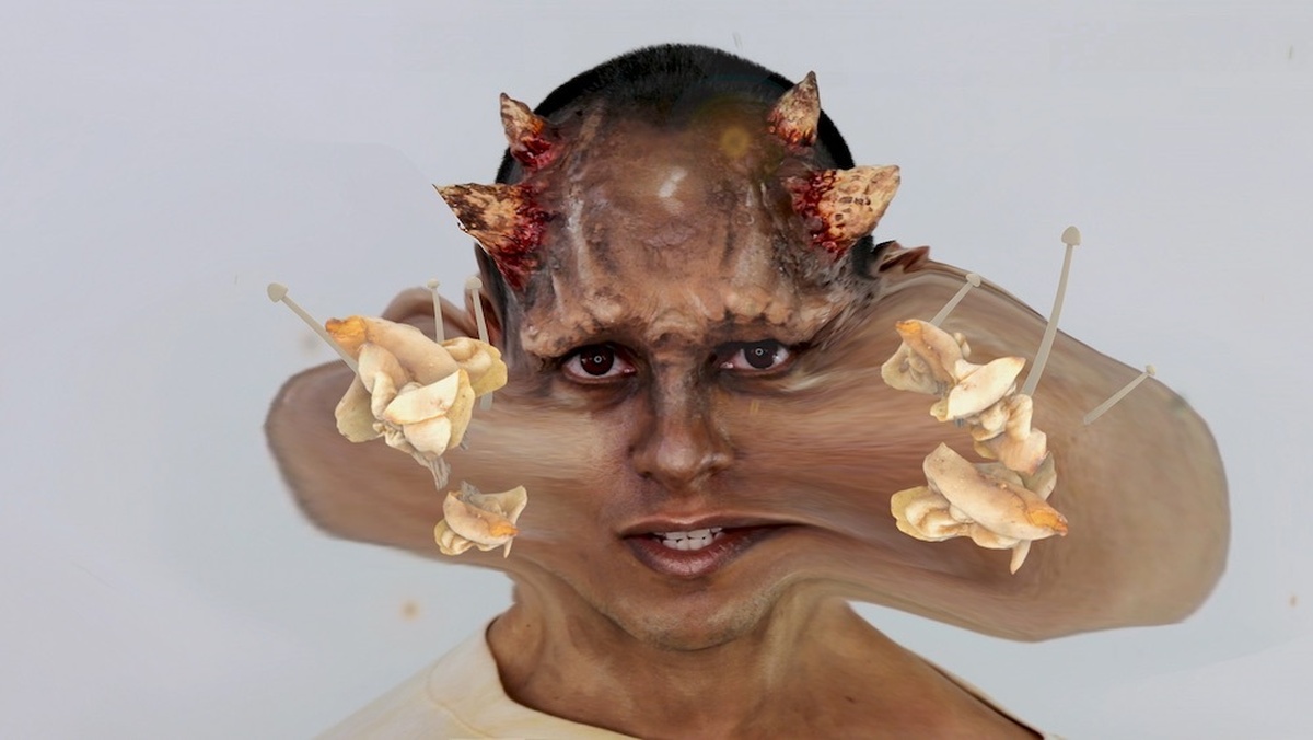 A face featuring prosthetic horns appears to melt. Collage images of fungi and mushrooms sprout from their cheeks.