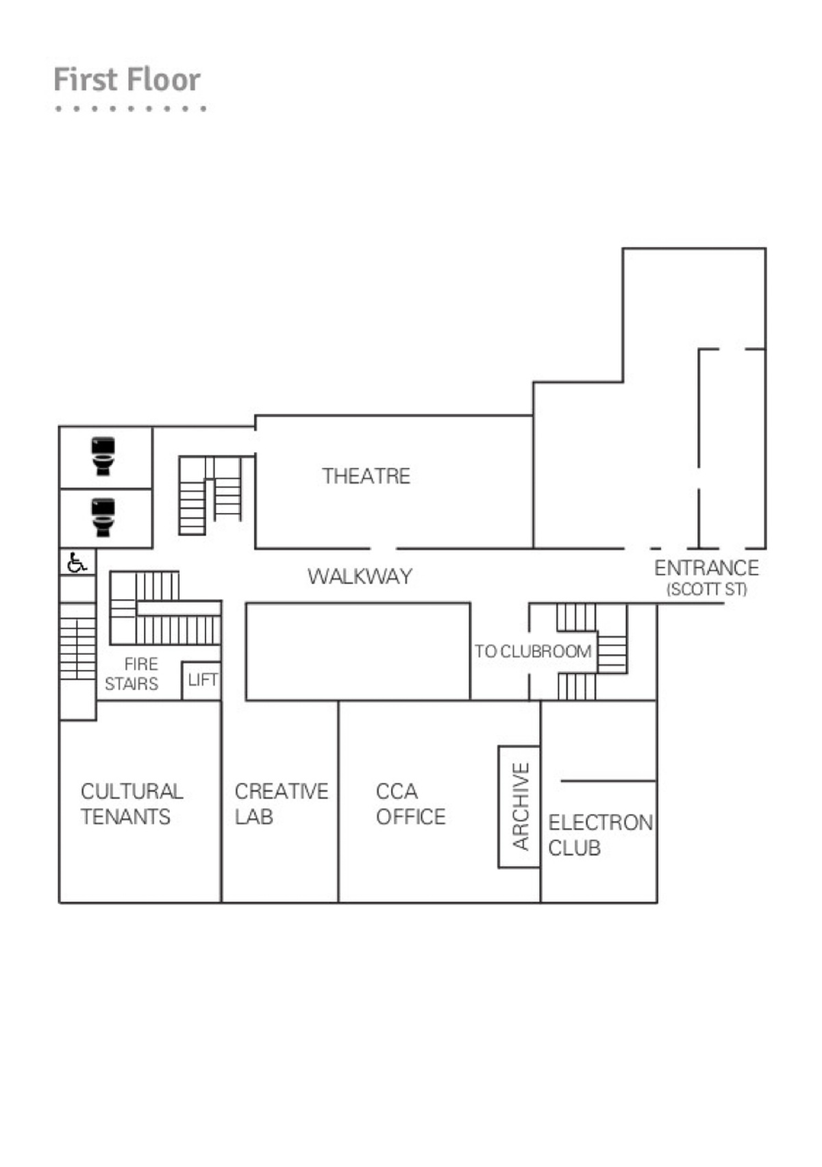 A map of the first floor of CCA, for descriptions of the space read the main website entry.