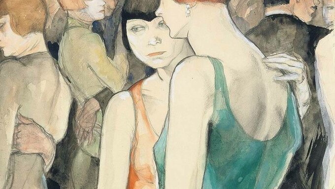 A watercolour painting of dancers in a nightclub with two women dancing in the foreground.