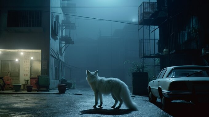 A 3D render of a quiet moonlit scene in the backstreets of a city in Asia, there is a white fox illuminated by the moon