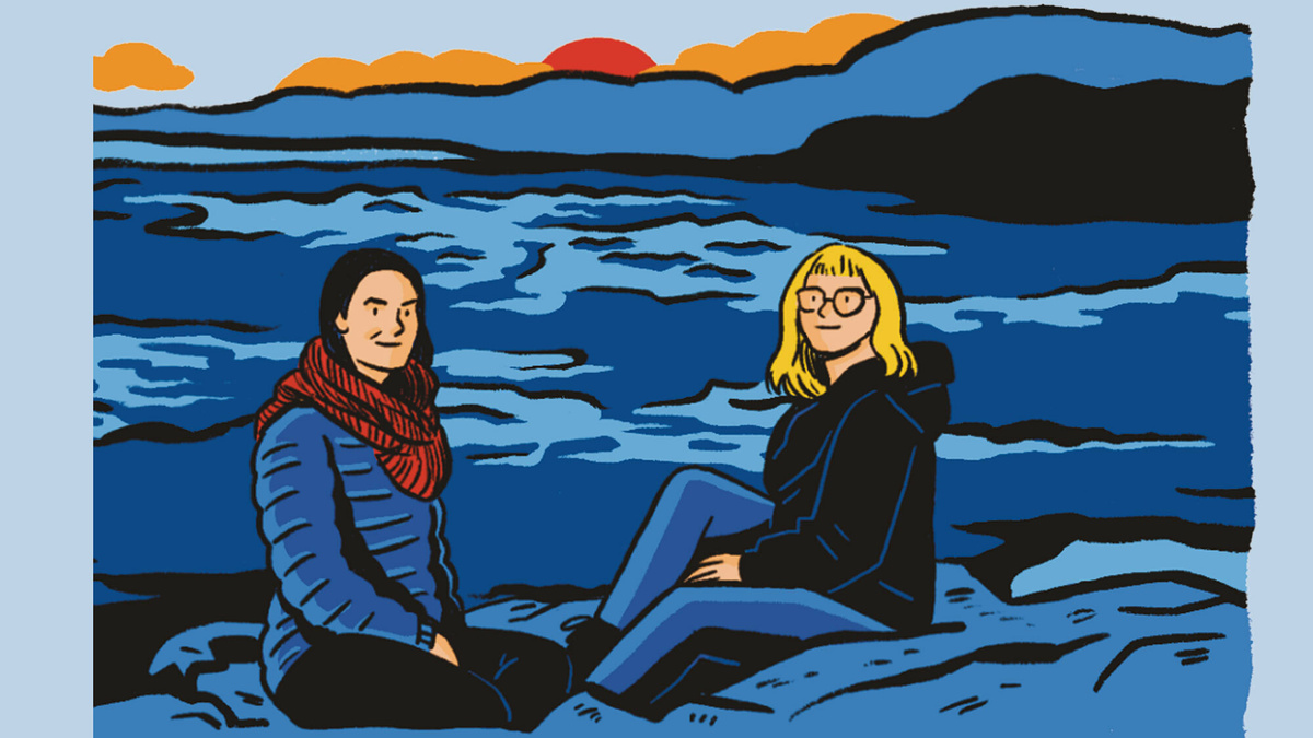An illustration of two people, sitting on rocks at a seashore, facing the viewer. Behind them the sun sets over the sea