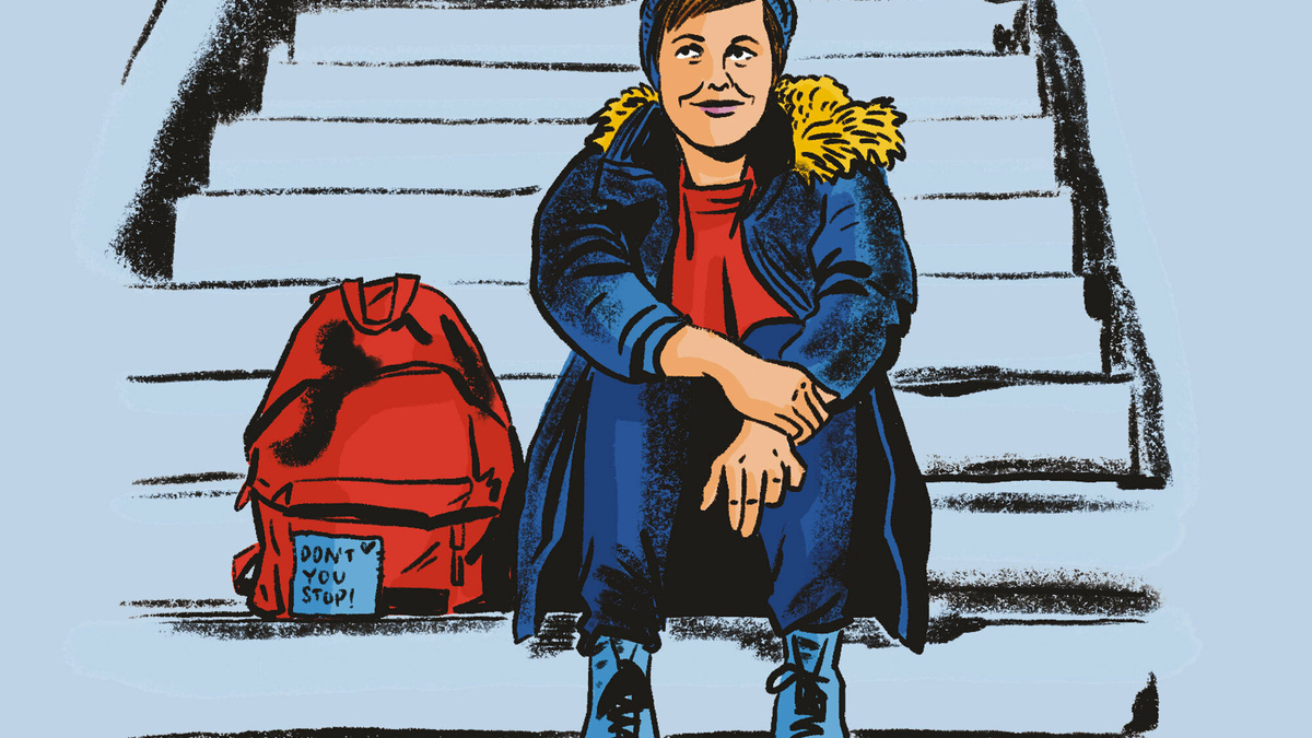 An illustration of Josie Long sitting on some steps, wearing a hat. To her right is a bag.