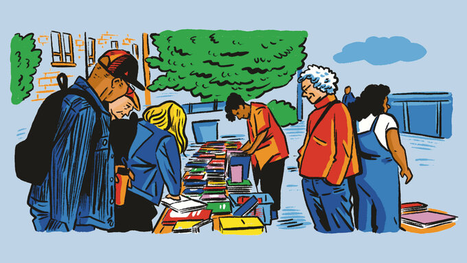 Illustration of a group of people in a park looking at books and publications on a table