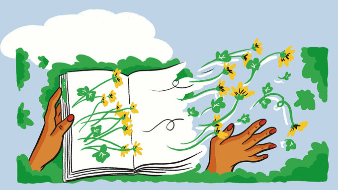 An illustration of an open book. A hand scatters flowers across the pages.