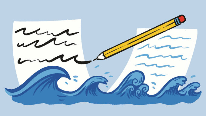 An illustration of pages emerging from waves, as a pencil writes on them
