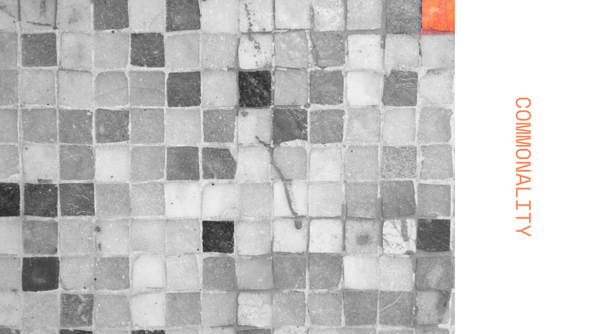 A black and white close-up image of tiles on a wall, text written across the side says "Commonality"