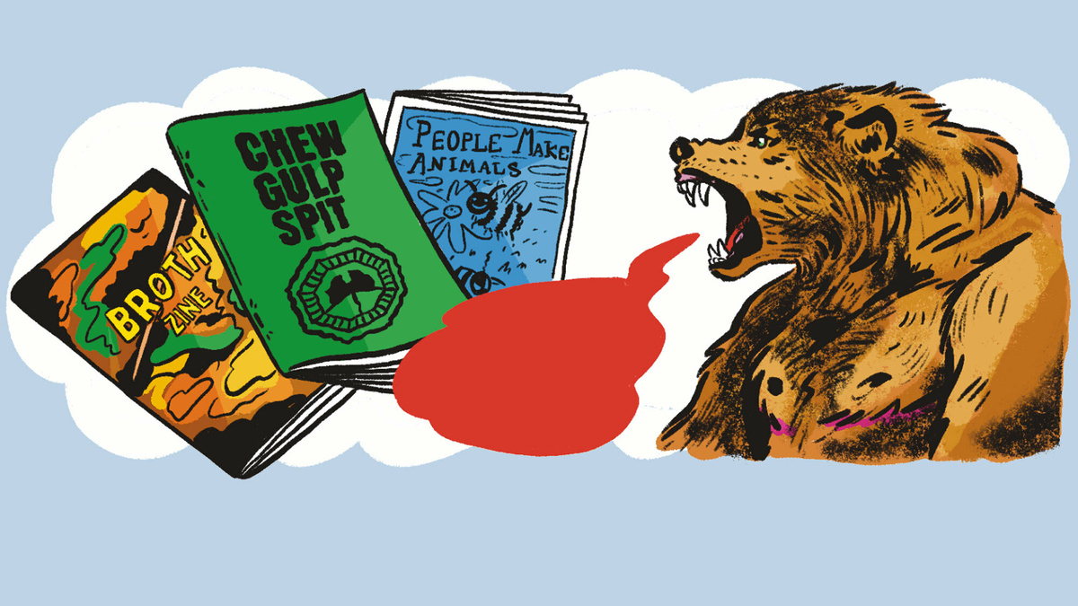 Illustrations of 3 zines, and a bear