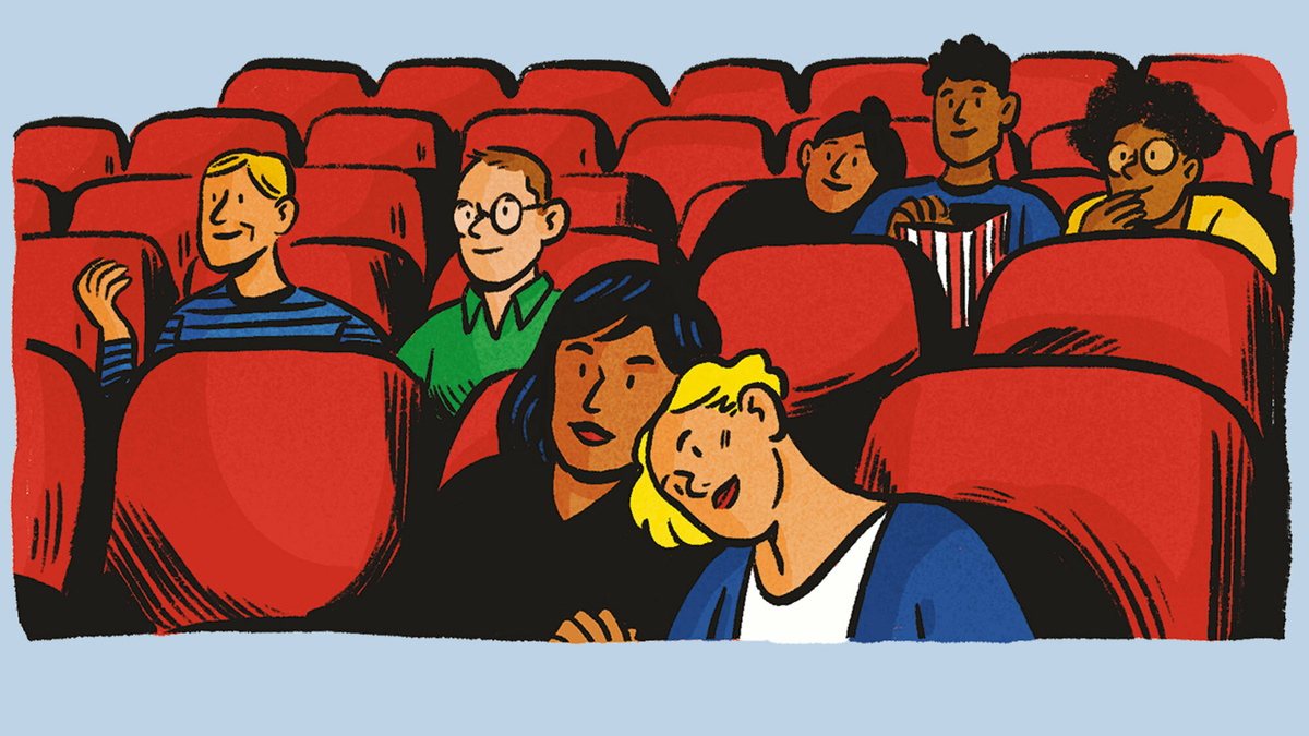 Illustration: People sit in a cinema and watch a movie, just out of shot