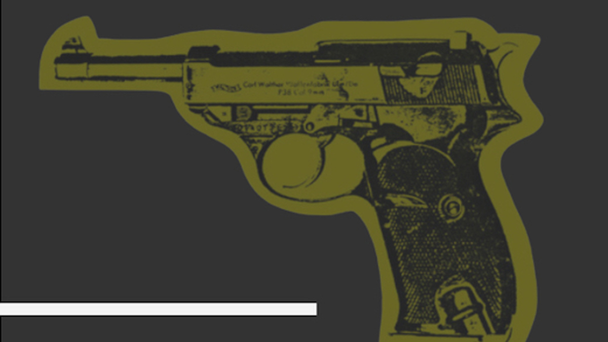 A graphic print of a pistol outlined in gold on a black background.