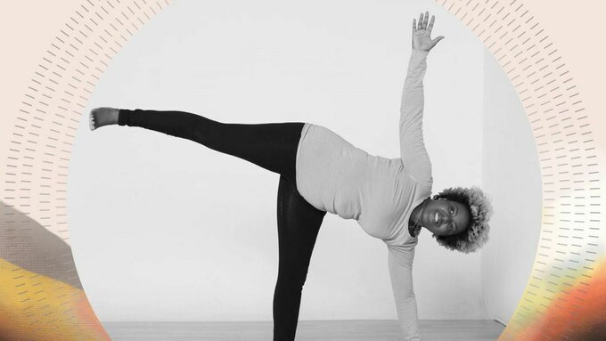 Black and white image of Tina Freeland a black femme person in a yoga pose, they are wearing comfortable sportswear.
