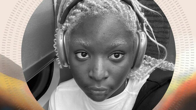 A black and white portrait of Rico Ibrahim, a black femme person wearing headphones, with bleach blonde braids and brows