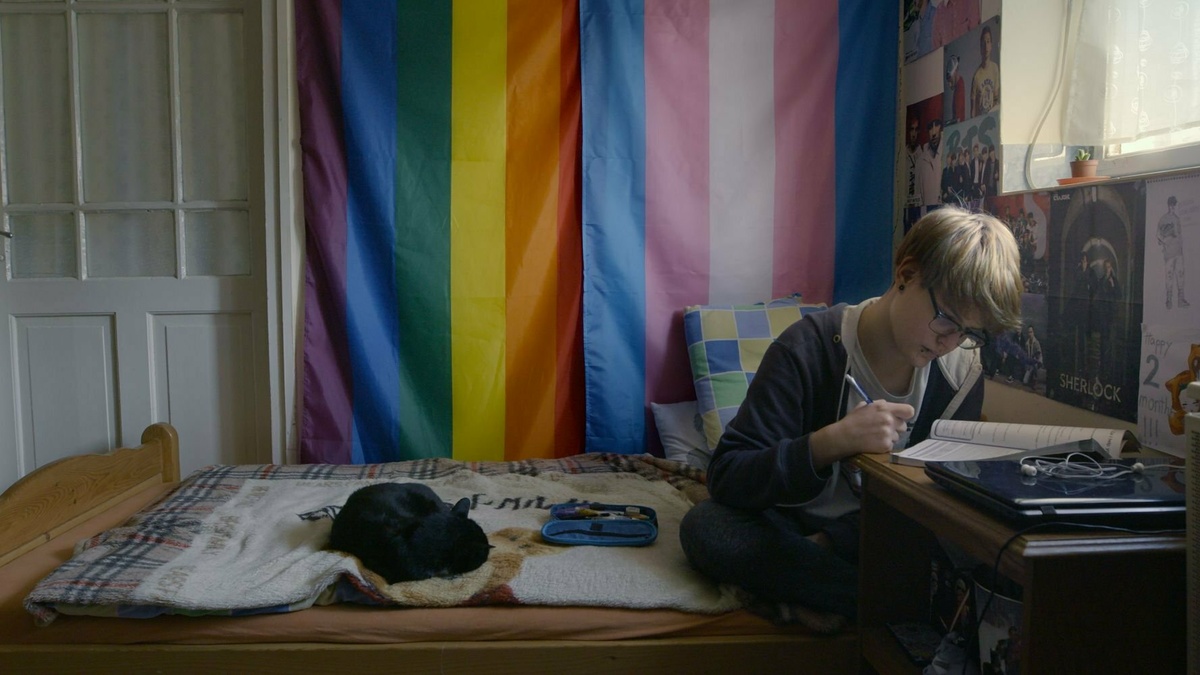 A teenager is sitting on their bed, writing in a notebook. Behind them is an LGBTQ+ flag and a transgender flag.
