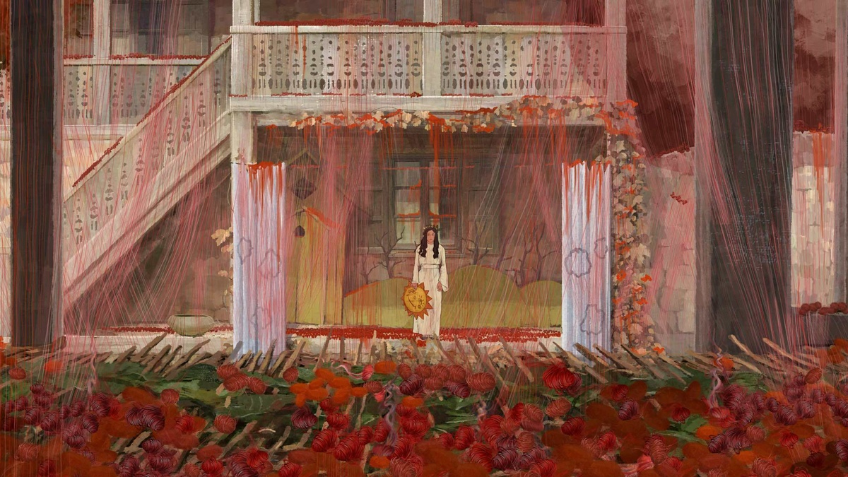 Animated still of a theatre scene, there is a dark-haired woman wearing a long white dress holding an image of the sun.