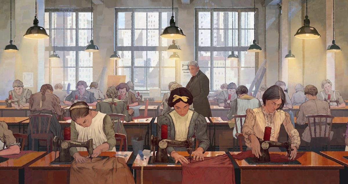 An early-twentieth-century garment factory, where rows of women are sewing clothes using Singer-style sewing machines.