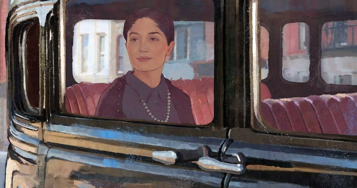 An animated still of a young woman looking optimistically out of the window of an early-twentieth-century American taxi.