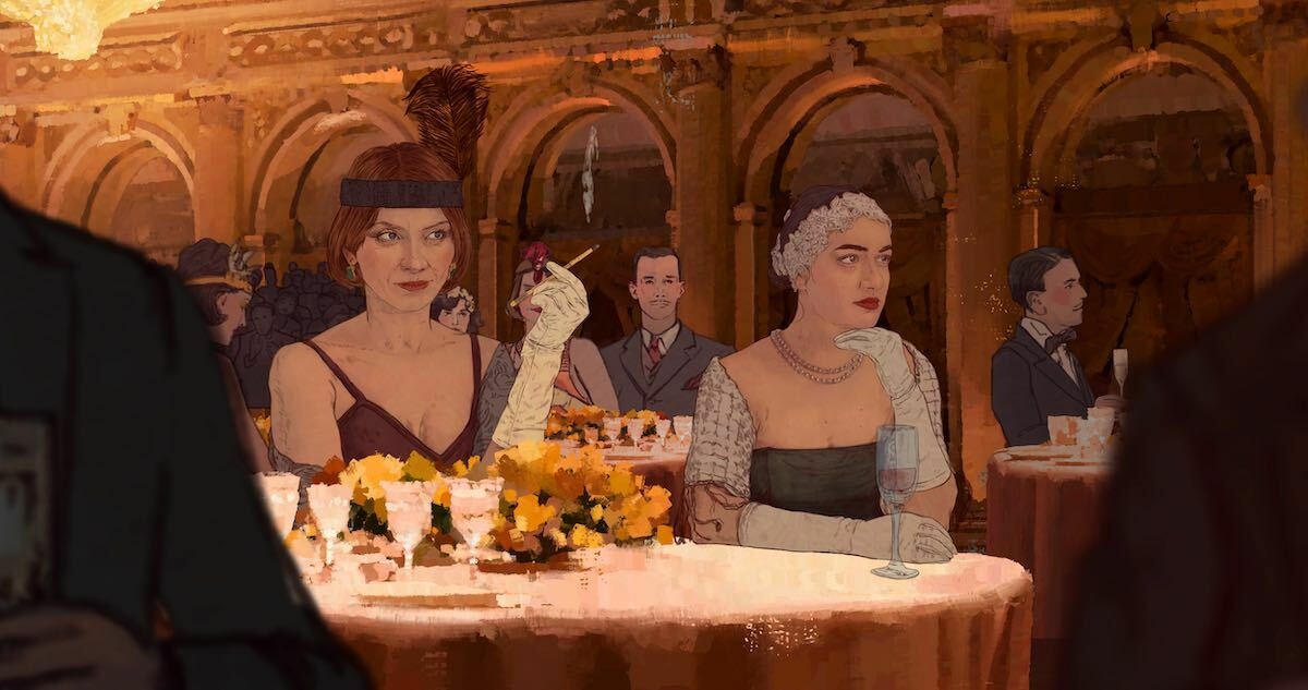 An animated still of 2 women wearing expensive cocktail dresses and sat at a table in an opulent 20s America setting.