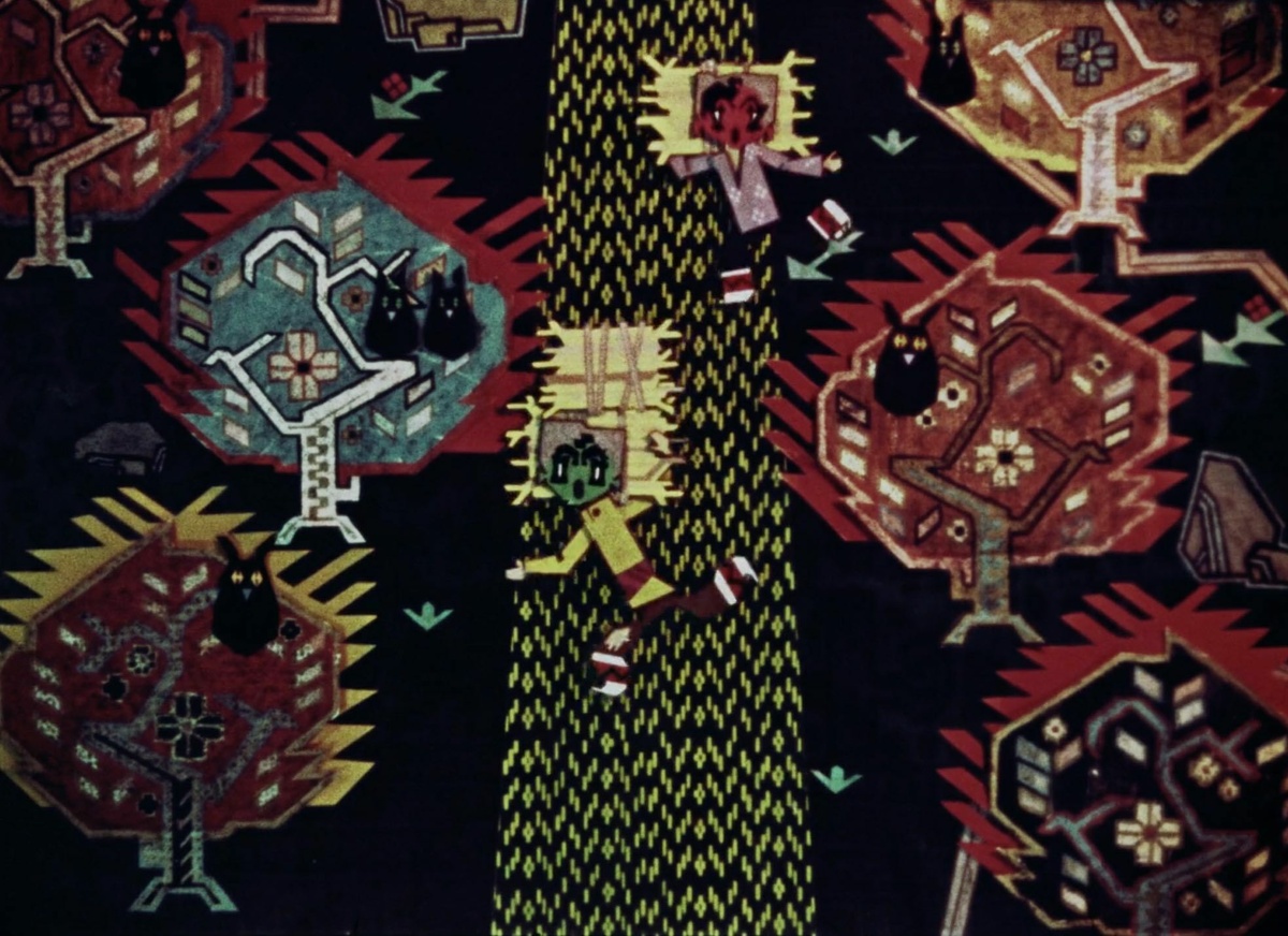 An animated image composed of carpet embroidery: a clearing in the forest, where 2 characters walk beside each other.