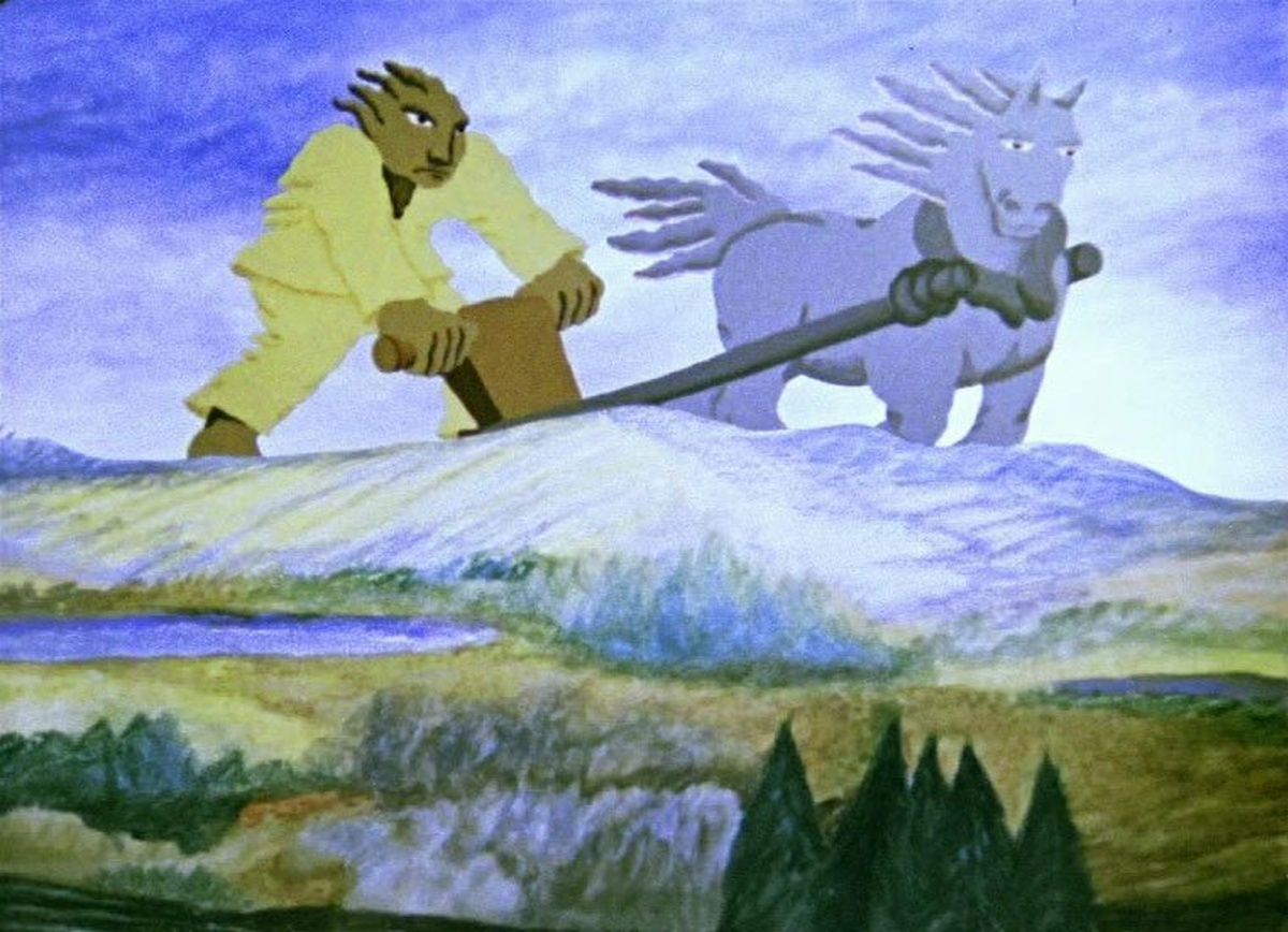 A giant troll is standing on top of a hill, holding a plow carried by his suitable enormous horse.