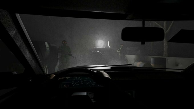 CGI scene. From the perspective of a driver, through the windshield, wee see a checkpoint manned by red eyed soldiers.