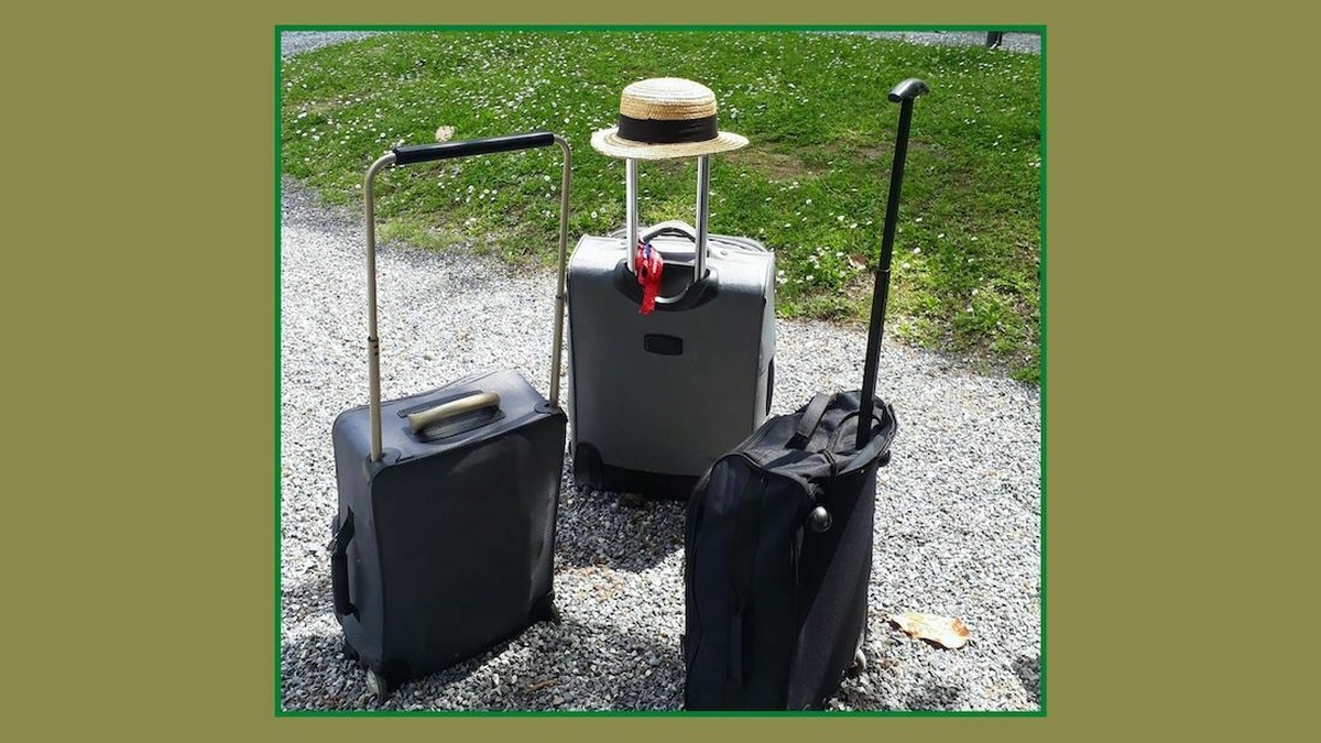 At the centre of this image if a photo of 3 suit cases together with a straw hat placed on top of one of the handles.