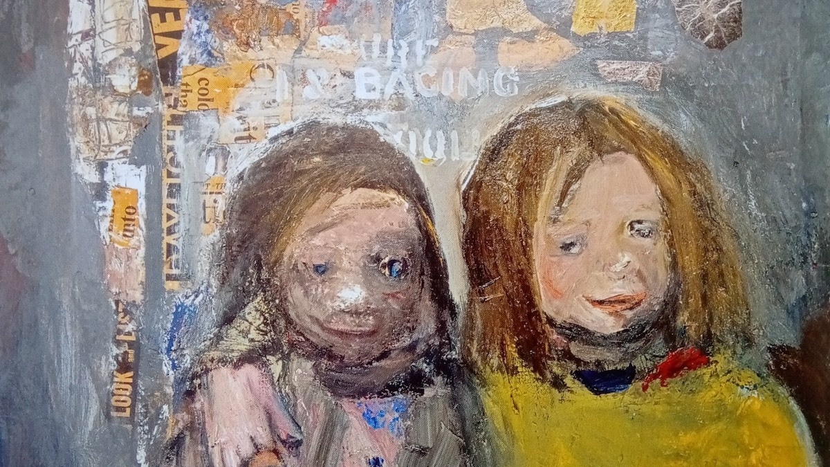 Joan Eardley painting of 2 young sisters stood in front of a graffitied wall. 1 has her arm around the other