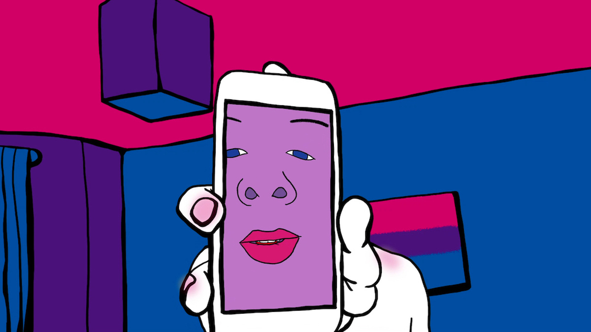 Screenshot of an animated hand holding a mobile phone up to the front of the screen. A large face is on the screen.