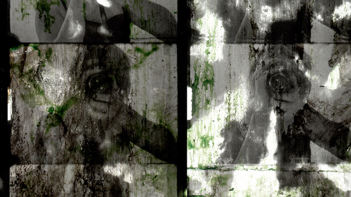 Six images of Autojektor covering her face with a camera, the image has made grey and green effects added to it.