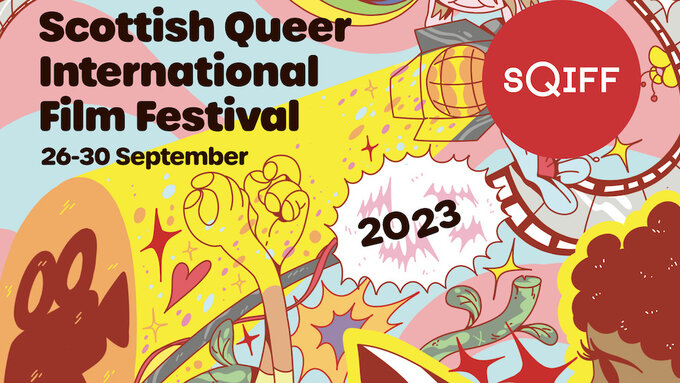 An illustrated image showing different queer people surrounded by colourful symbols, such as hearts, stars, and rainbows