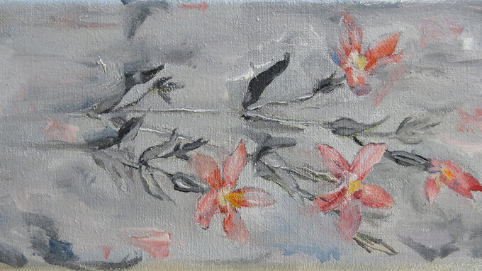 A textured grey, pink and blue painting on canvas of a bunch of flowers