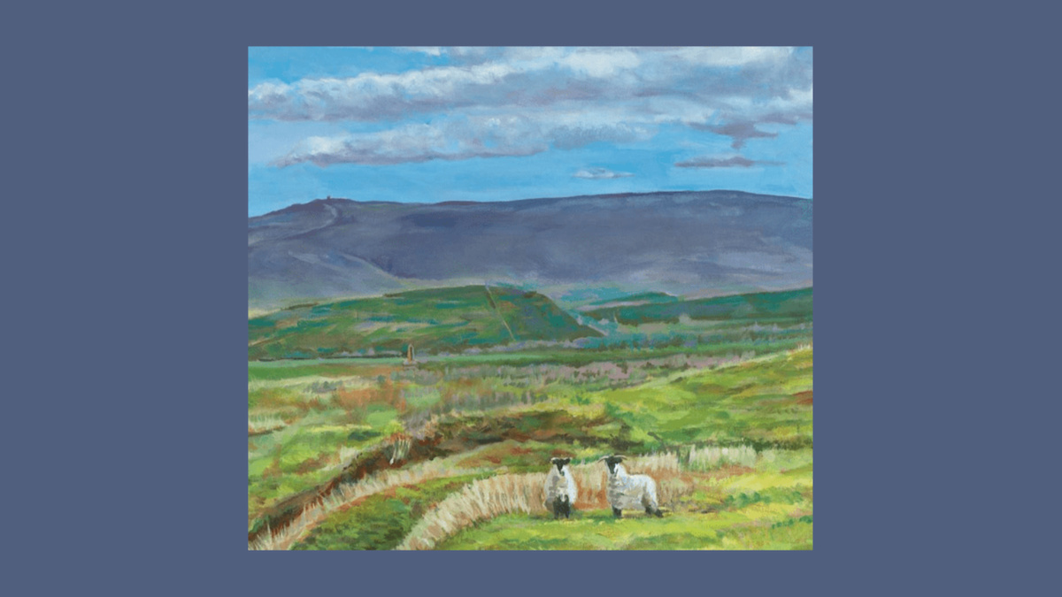 The cover of Wheen: a painting of green field with 2 sheep grazing. In the background, there are hills and blue sky