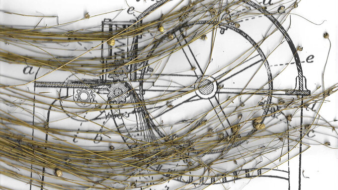 A scan of dry flax stalks with seed laid over a line drawing of a mechanical thresher