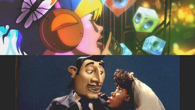 A collage of 2 different animations, one in claymation, one in 3D, and another in an anime style