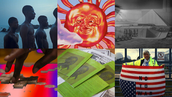 An image broken into a grid of six square film stills.