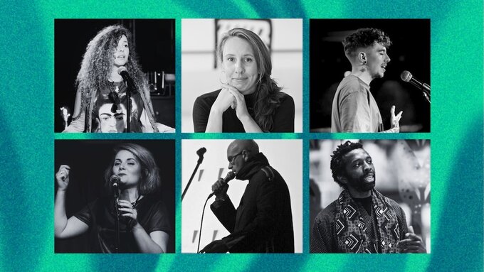 This image features six black and white photographs of the performing writers .