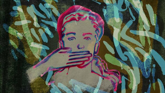 Illustration of a person with a hand over their mouth and surrounded by flames.