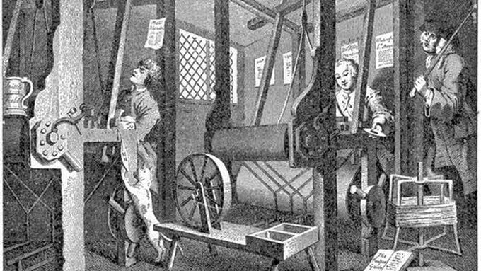 A black and white etching of weavers at work.