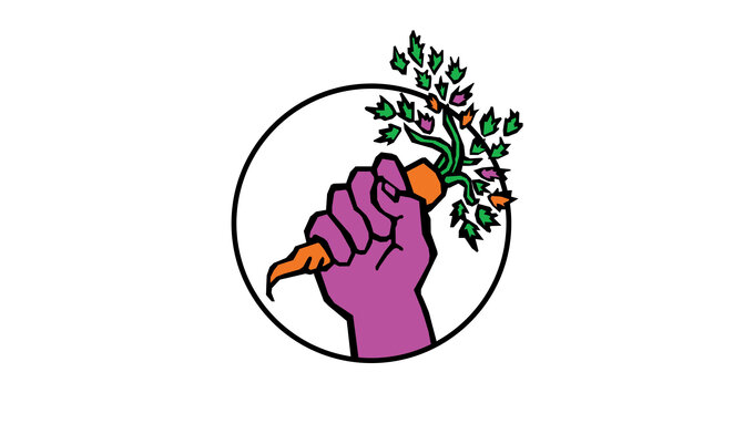 A graphic drawing of a purple hand holding an orange carrot with green & purple leaves in a circle.