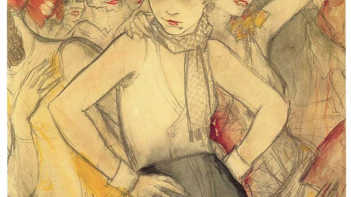 An illustration of a gender nonconforming masc person wearing a top hat and tank top, there's a party in the background.