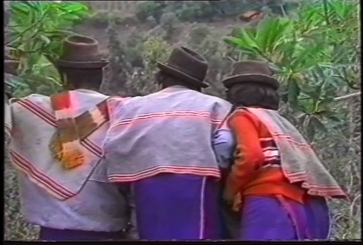 3 men wearing ponchos with their arms around each other, they are facing away from the camera, obscuring their faces.