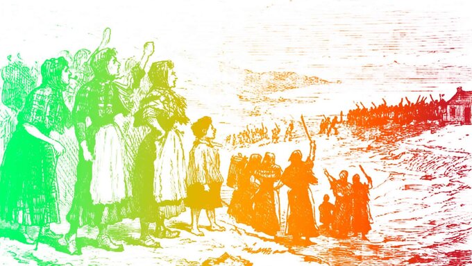 An engraving of a crowd of women, kids and men with raised fists and swords in a rural landscape with a rainbow filter.