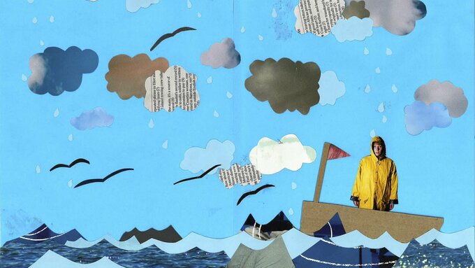 A collage depicts a sea, with rainclouds scattered across the sky. A person in a yellow jacket sits on a cardboard boat.