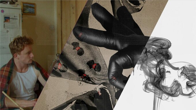 3 Images. Left: a man sat in a kitchen. Centre: a hand flicks racist caricatures off a cloth. Right: a billow of ink.