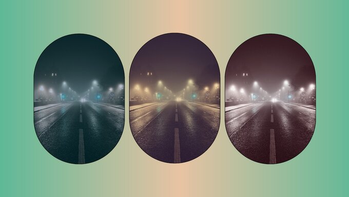 A colourful gradient with three portholes that show the same image, Kelvin Bridge on Great Western Road on a foggy night